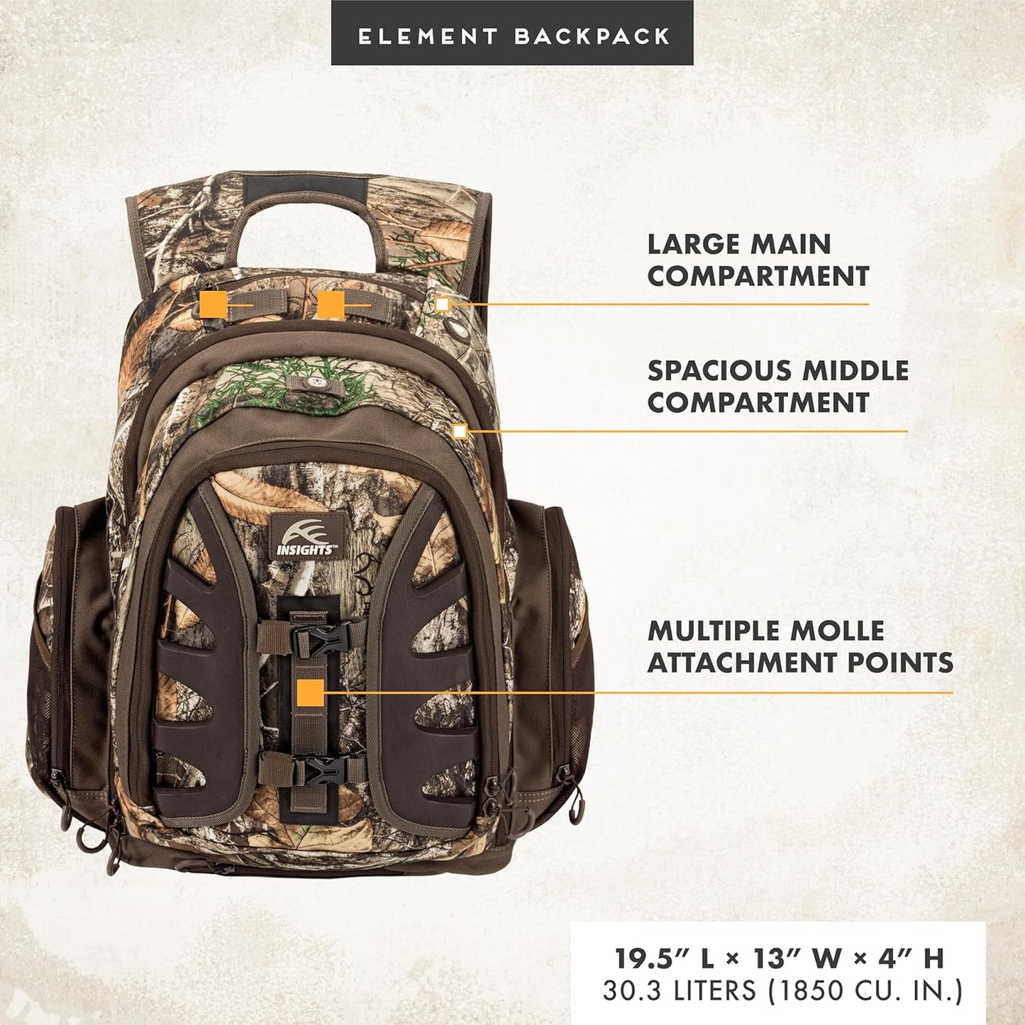 Hunting by  - the Element, Heavy Duty 1,831 Cubic Inch Hiking Fishing Camping Hunting Backpack, Realtree EDGE