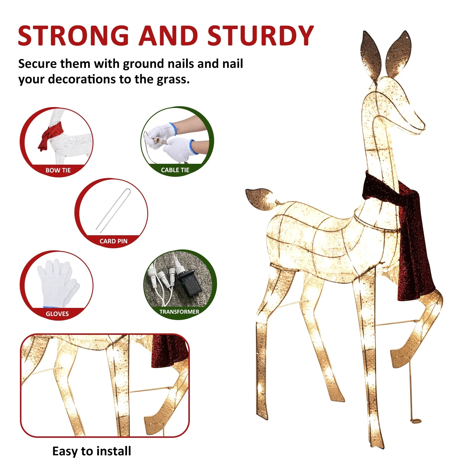 3-Piece Lighted Christmas Reindeer Family Set, Xmas Lighted Deer Decorations with 210 Warm White LED Lights & Stakes, Holiday Christmas Decor for Yards Garden Lawn Patio