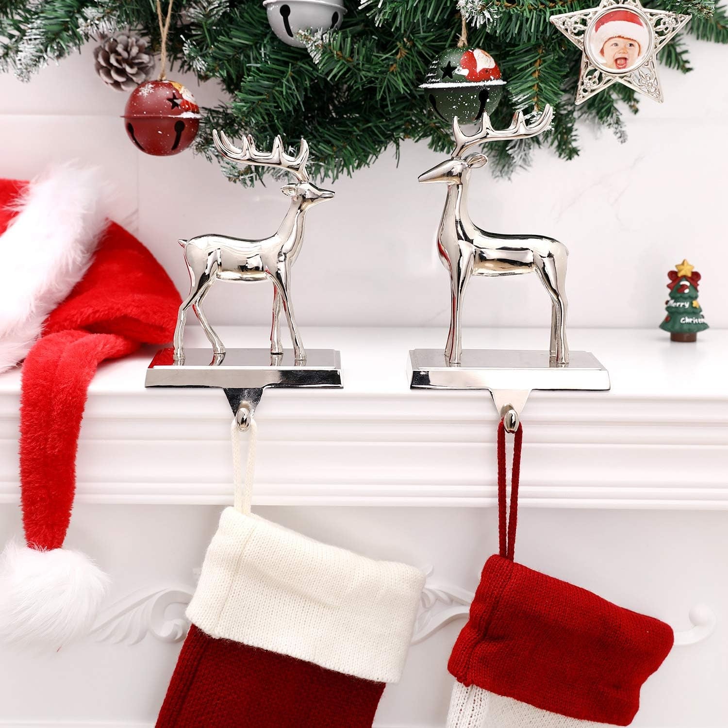 Christmas Reindeer Stocking Hanger for Mantel, Metal Silver Reindeer Stocking Holder for Fireplace and Christmas Party Decoration Deer Xmas Mantel Hooks (Set of 2)