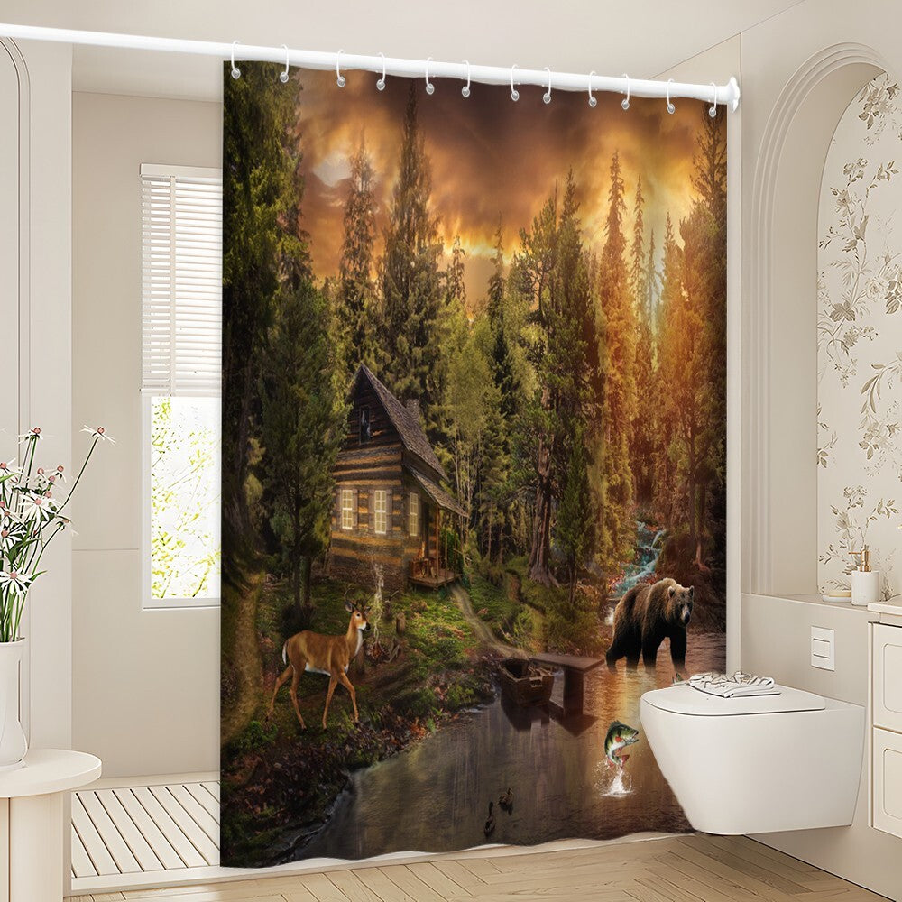 Rustic Bear Shower Curtain Cabin Lodge Deer Lake Forest Hunting Fishing Decor