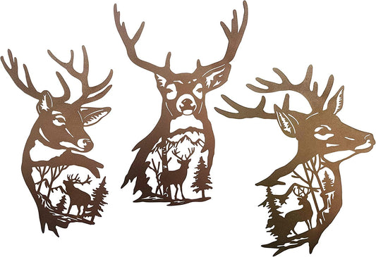 Deer Metal Wall Art 9 Inch Deer Silhouette Wall Decor Rustic Forest Hunting Sign Woodland Outdoor Decor for Fence Patio Porch Farmhouse Indoor for Living Room Bedroom Bathroom 3 Piece Set