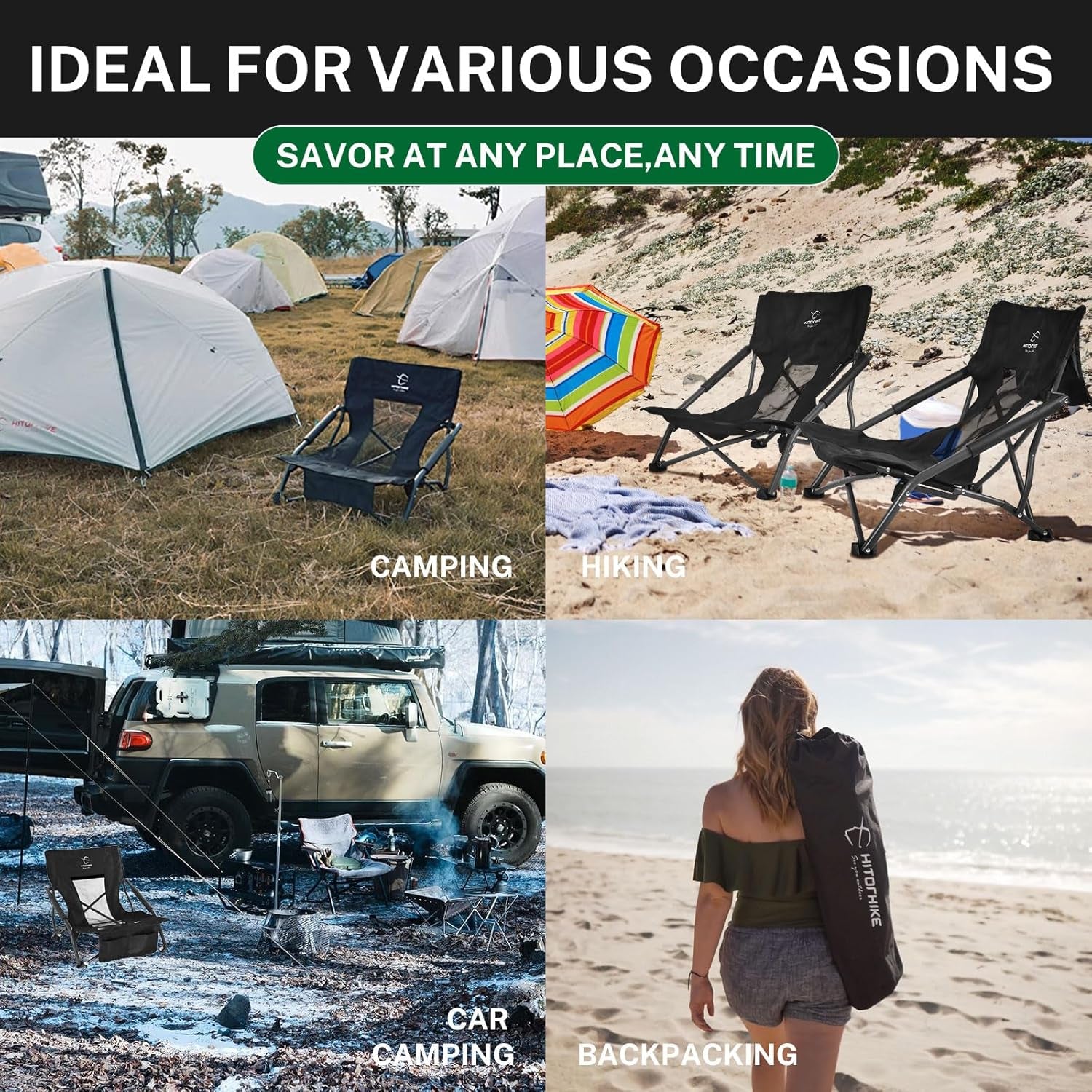 Low Sling Beach Camping Concert Folding Chair with Armrests and Breathable Nylon Mesh Back Compact and Sturdy Chair