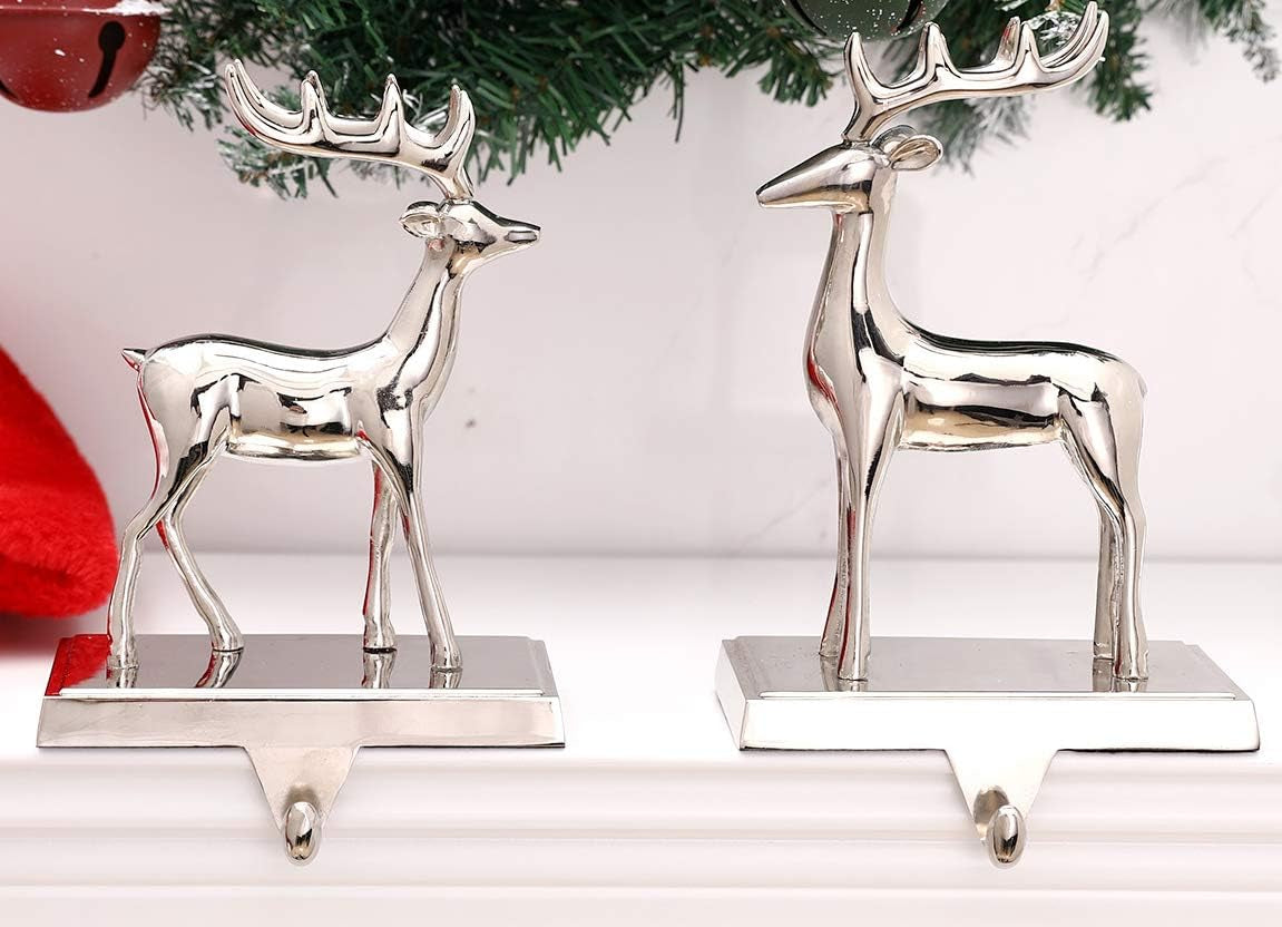 Christmas Reindeer Stocking Hanger for Mantel, Metal Silver Reindeer Stocking Holder for Fireplace and Christmas Party Decoration Deer Xmas Mantel Hooks (Set of 2)