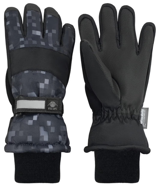 Kids Waterproof Thinsulate Winter Snow Gloves | Boys Male Cold Weather Pixels Black