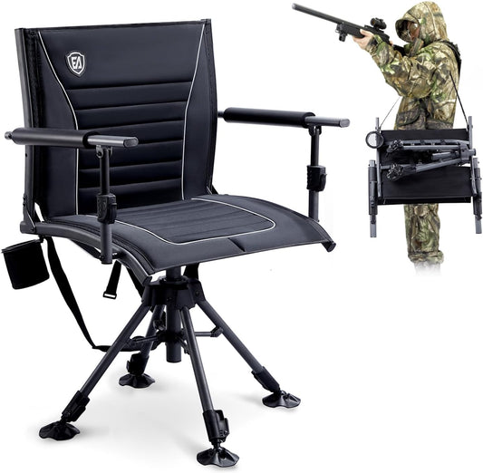 360° Silent Swivel Hunting Chair for Blinds, Adjustable Folding Hunting Seats for Outdoor Activities, Fishing, Support 300Lbs, Black