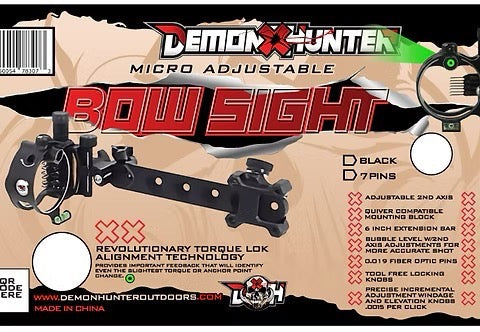 Packaging for Demon Hunter 7 Pin Bow Sight featuring the bow sight itself with black finish, alongside text detailing product features and specifications.