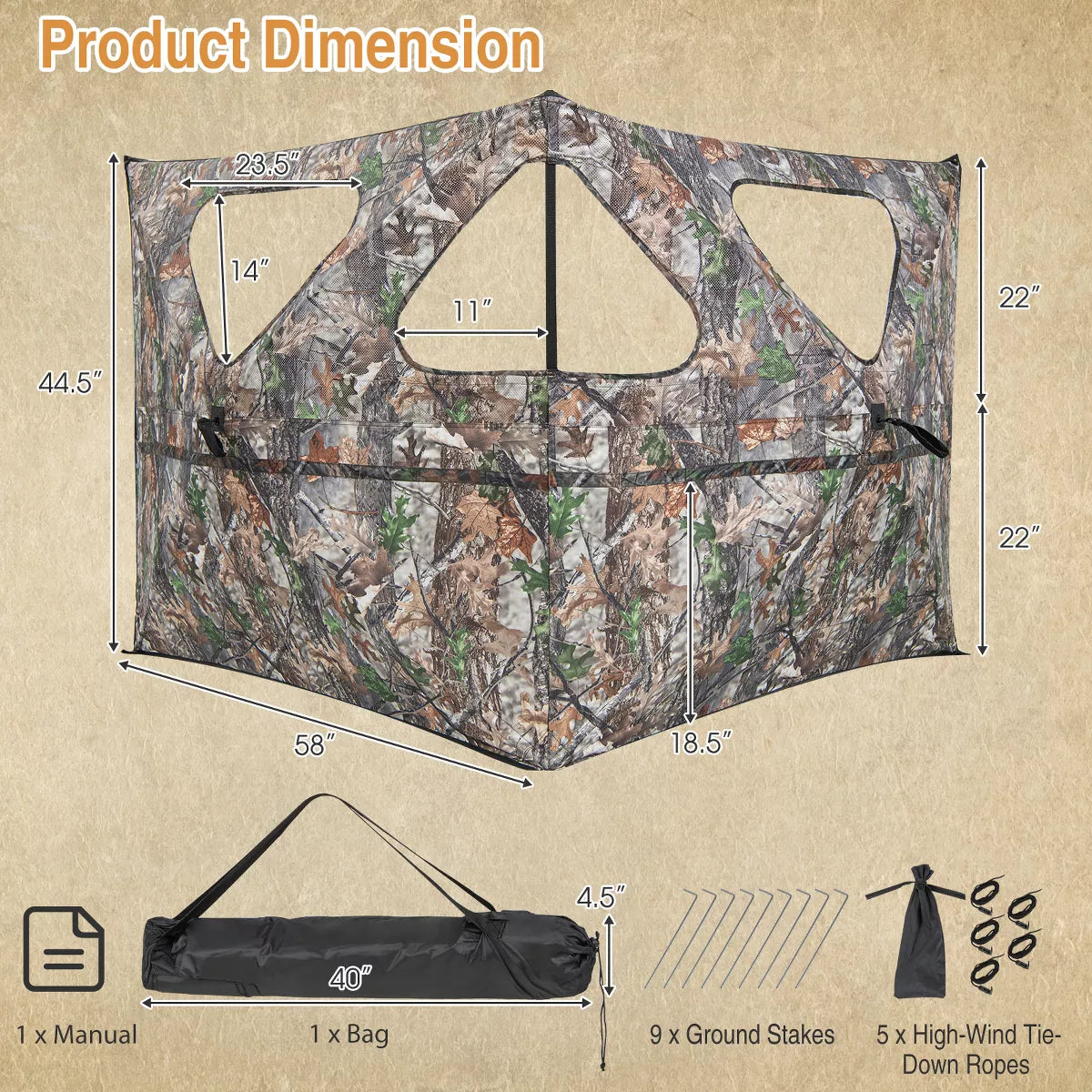 Costway Turkey Hunting Ground Blind 2-Panel Pop up Fence with 3 Shoot through Ports