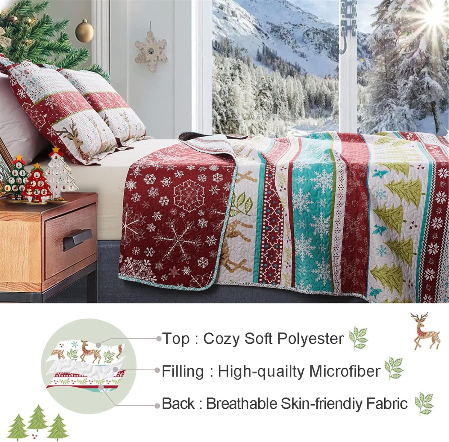 Reversible Xmas Quilts Full/Queen Size Christmas Bedding Bedspread Lodge Cabin Moose Coverlet Lightweight Rustic Reindeer Elk Snowflake Bed Set Red Blue Green Stripe Quilt Set