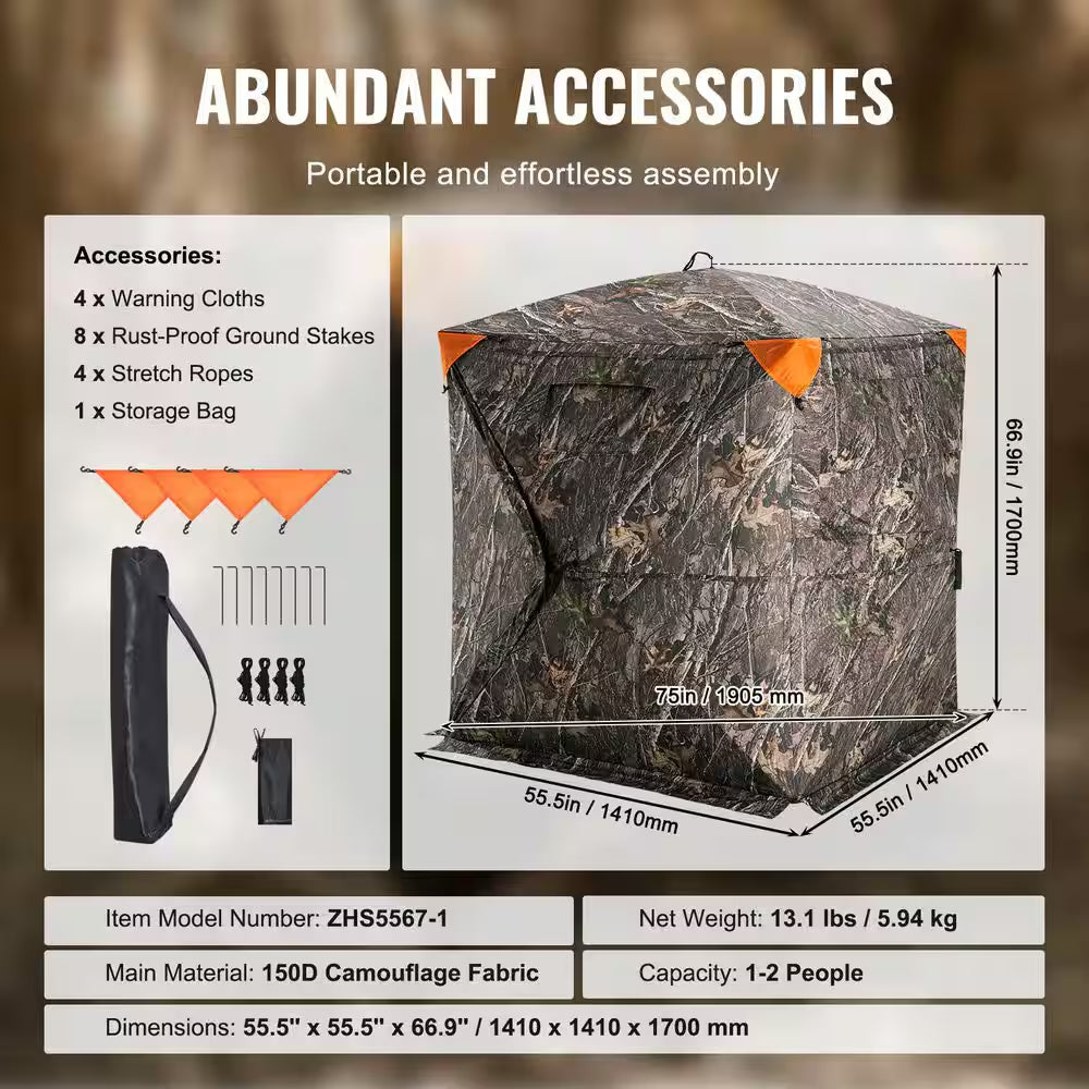 Hunting Blind, 270° See through Ground Blind, Portable Resilient Hunting Tent, 1-2 Person Pop up Deer Blind for Hunting