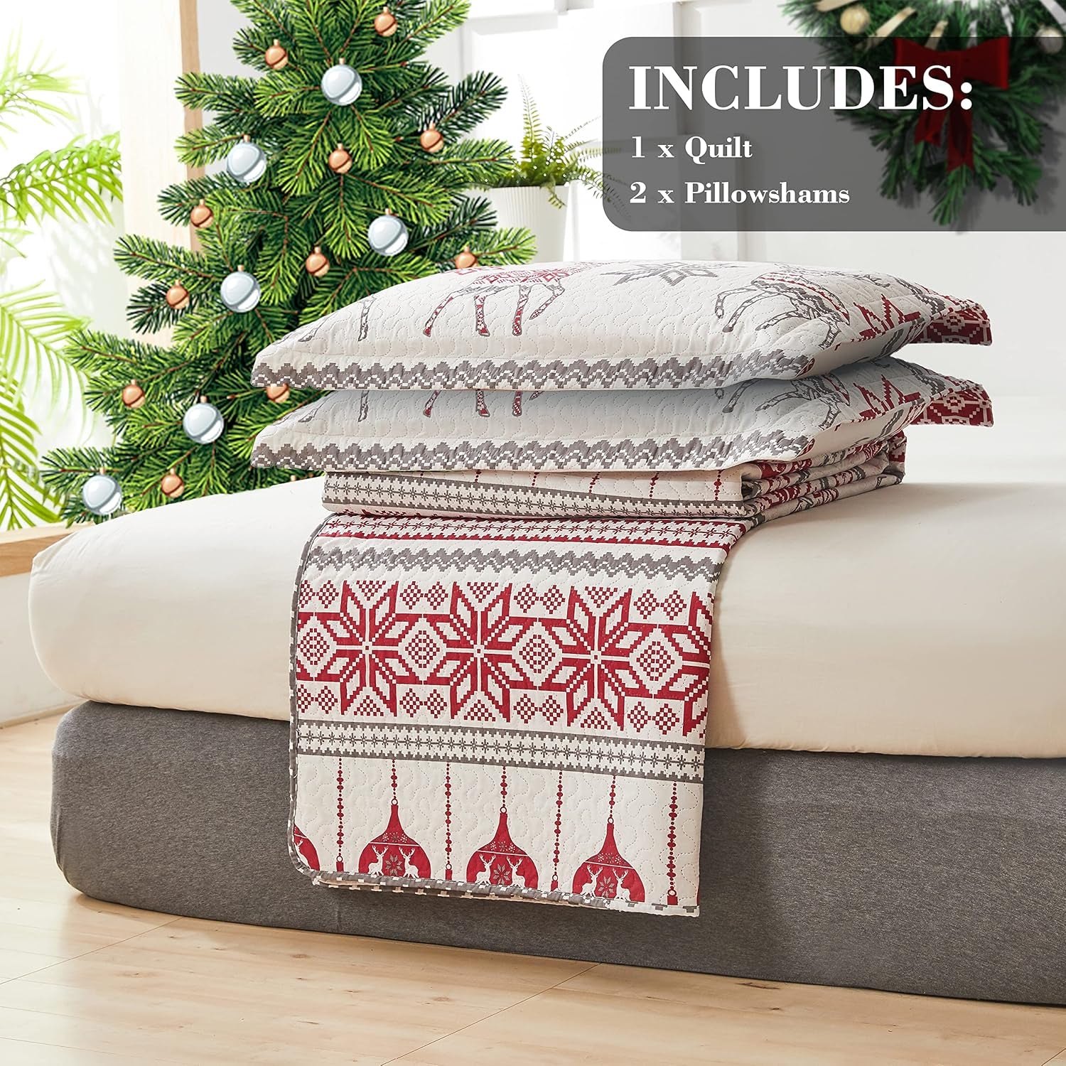 Christmas Quilt Set Queen Size 3-Piece Xmas Bedspread Coverlet with Reindeer Pattern for New Year Bed Decor, Lightweight Soft Comforter Bedding Cover for All Season(1 Quilt + 2 Pillow Shams)