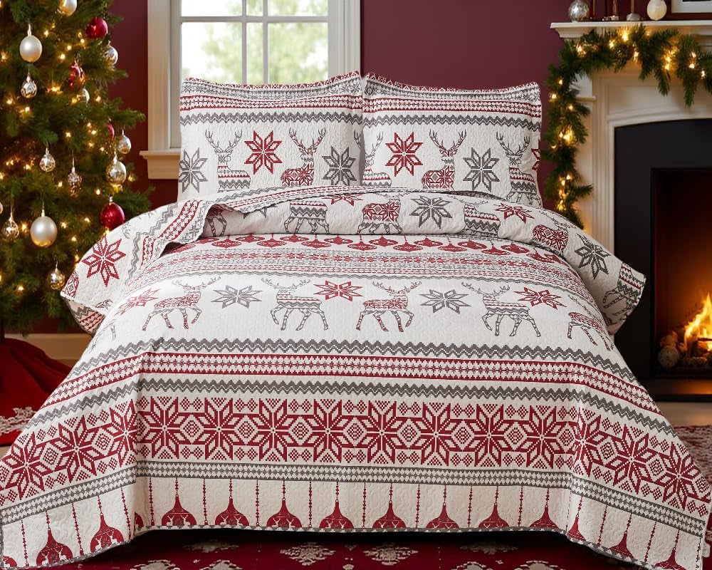 Christmas Quilt Set Queen Size 3-Piece Xmas Bedspread Coverlet with Reindeer Pattern for New Year Bed Decor, Lightweight Soft Comforter Bedding Cover for All Season(1 Quilt + 2 Pillow Shams)
