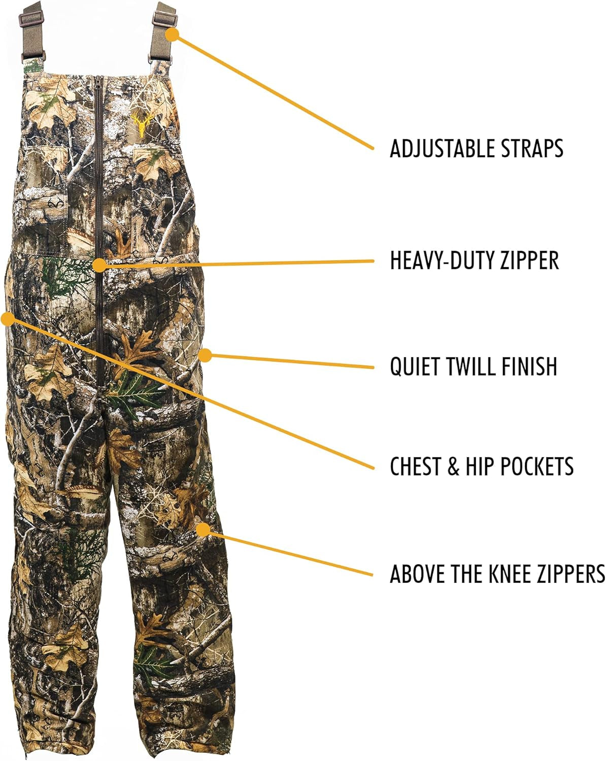 Youth Insulated Camo Bib, Comfortable Kids Hunting Clothes, Adjustable Insulated Hunting Overalls with Zippers