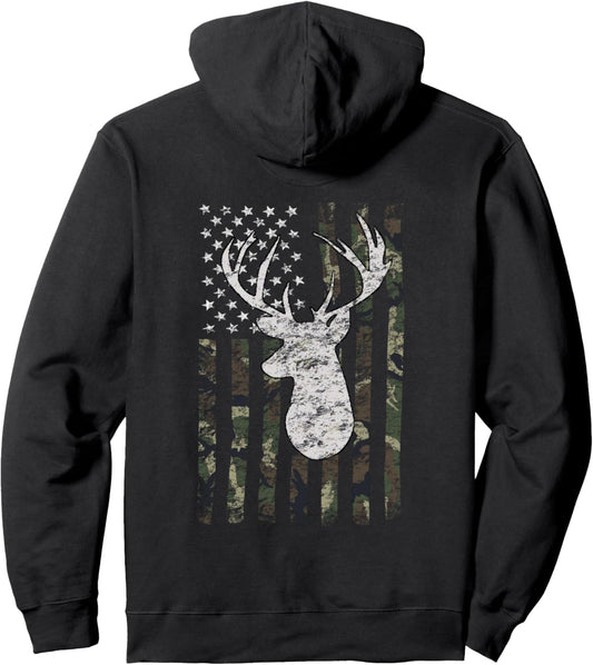 Deer Hunting Whitetail Hunter Buck Camo American Flag USA Pullover Hoodie