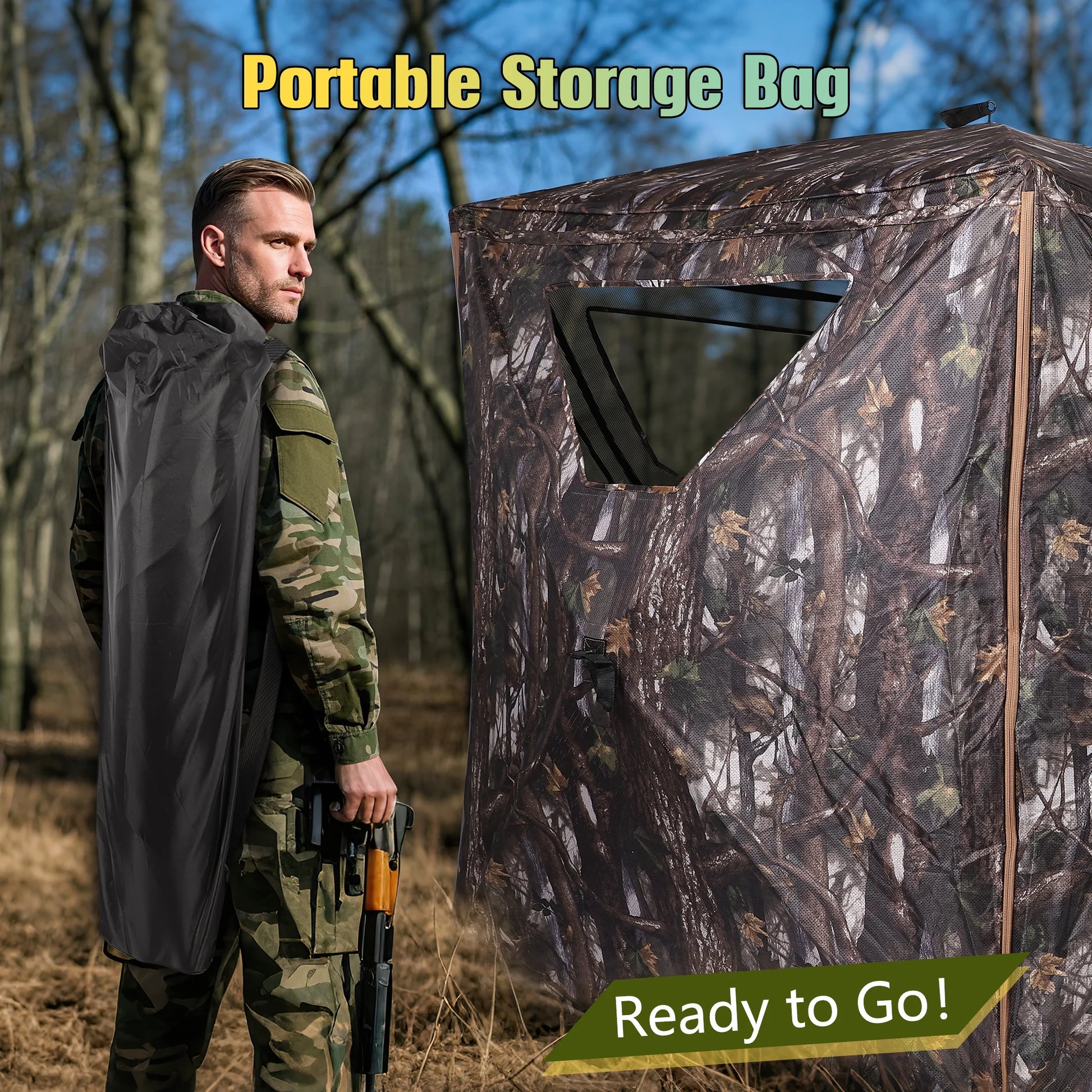 360° See through Ground Hunting Blind for 2 Persons,300D Pop up Resilient Portable Tent with Up-Downside Door and Carrying Bag for Deer Turkey