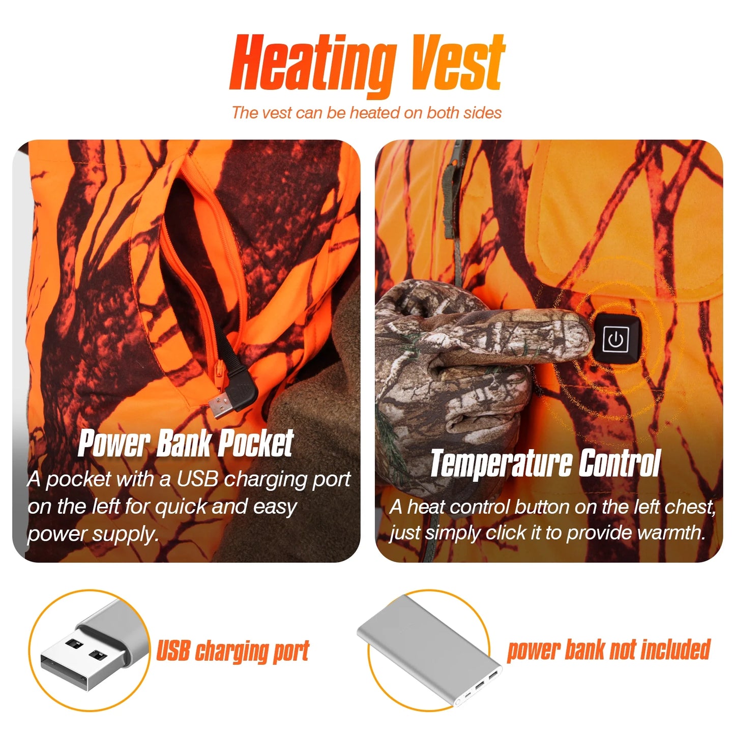Hunting Heated Vest, Camo Orange Reversible Vest, Game Vest Jacket for Hunting, Lightweight Heating Vest (XL)