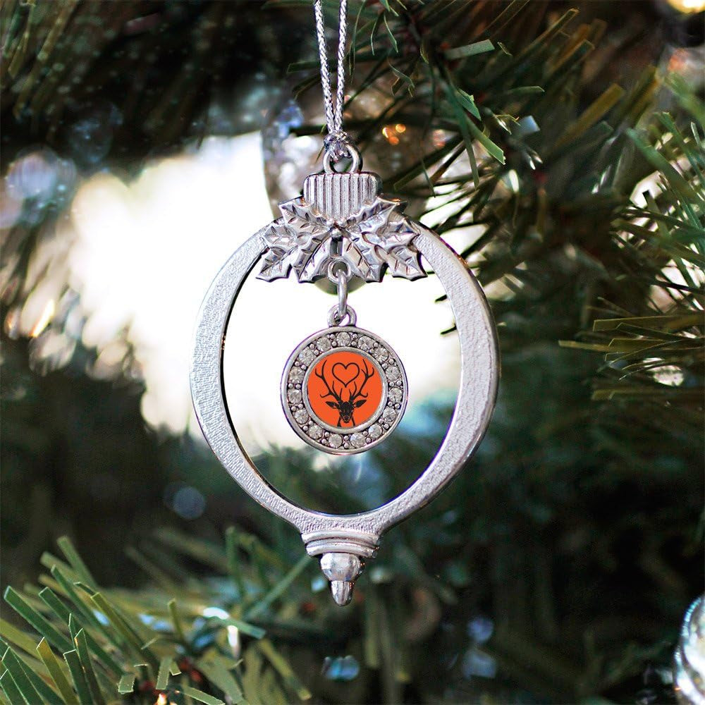 '- Deer Season - Silver Christmas Ornament - Circle Charm Christmas Tree Ornament with Cubic Zirconia - Holiday Hanging Decoration