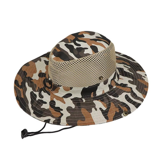 Outdoor Breathable Mesh Camouflage Bucket Hat Sun Protection Hunting Wide Brim Fishing Hiking Cap Mens Womens Sun Visor Hat