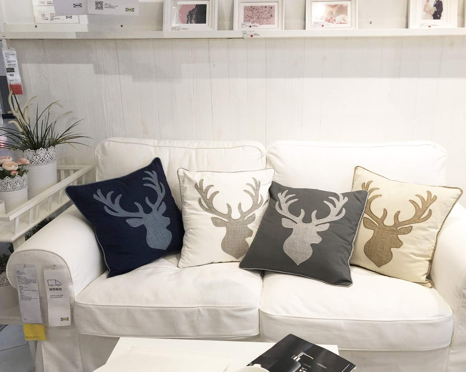 Embroidered Throw Pillow Covers Deer Head Pattren 18X18 Inches for Living Room Cotton Cushions Covers (Khaki) …