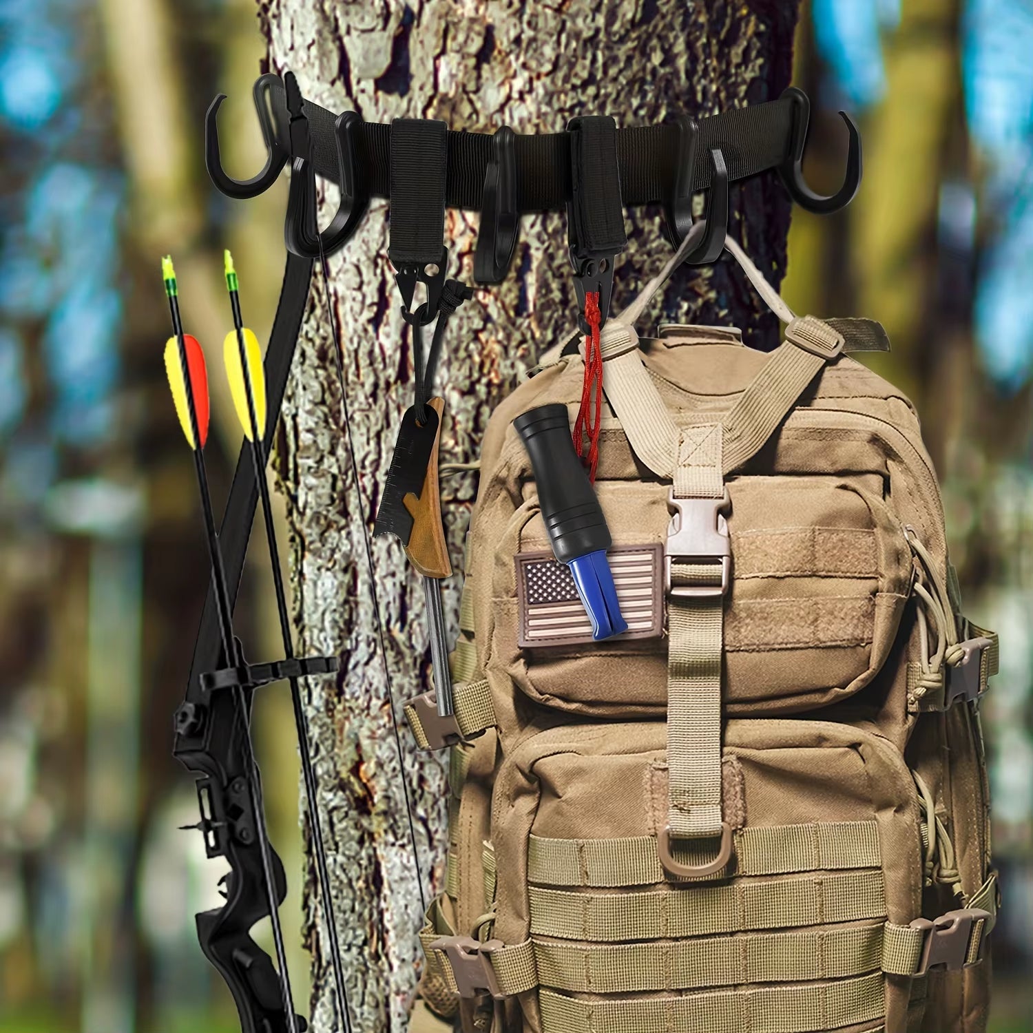Treestand Strap Gear Hangers with Large Hooks, Lightweight Multi-Hook Accessory Holder Huntting Camping Hiking Tree Stand