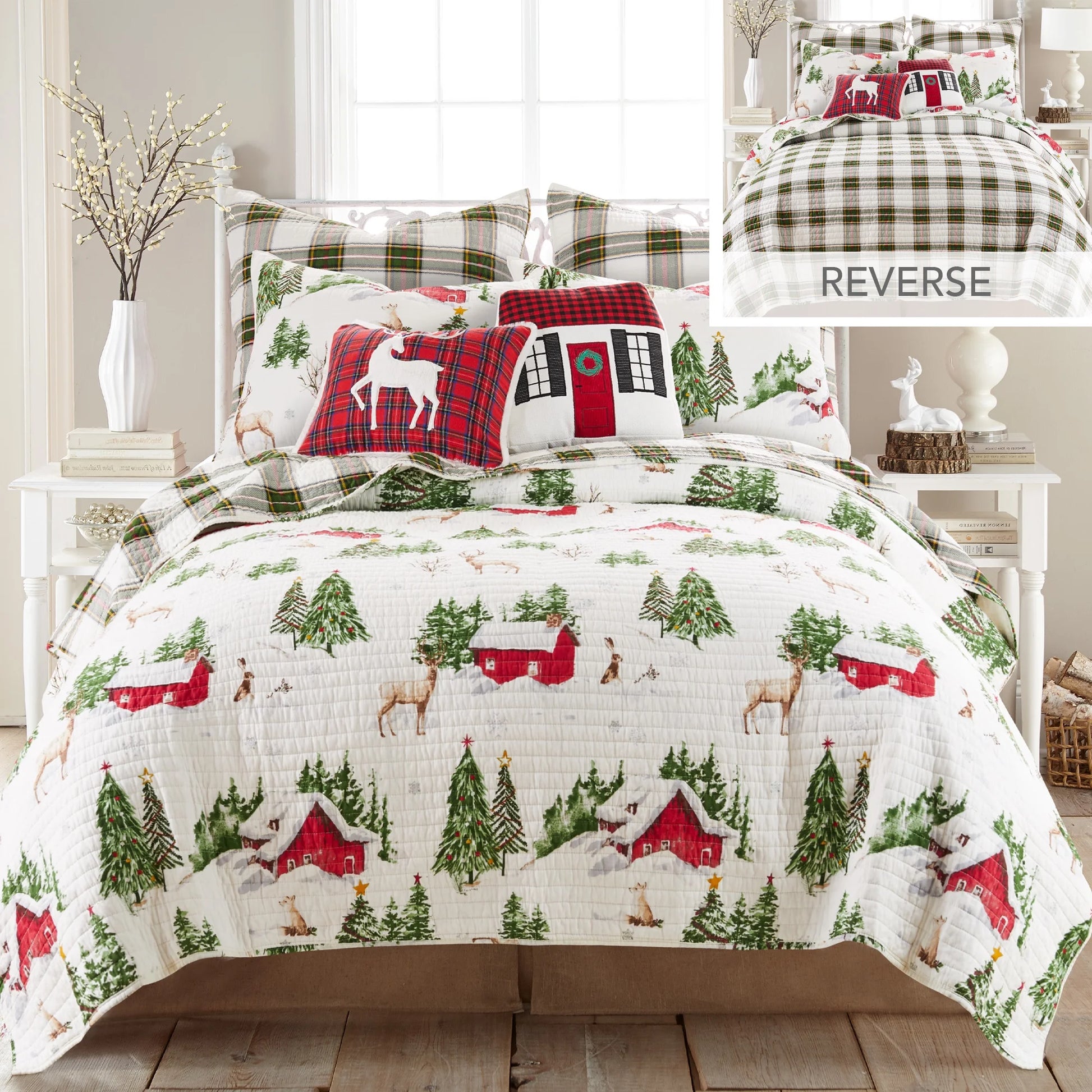 '- Tatum Pines - Decorative Pillow (14X18In.) - White Deer - Red, White and Green