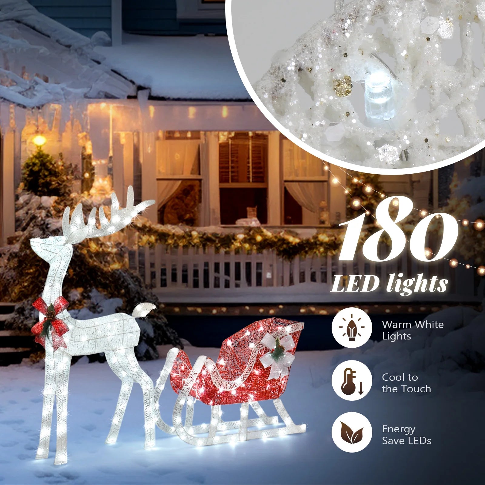 3D Lighted Christmas 4Ft Reindeer & Sleigh Set Outdoor Yard Decoration LED Lights - Silver