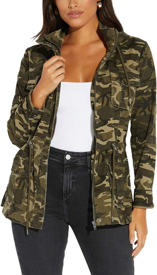 Womens Camouflage Shacket Jacket Coats Fashion Fall Long Sleeve Zipper Canvas Camo Jackets with Pockets