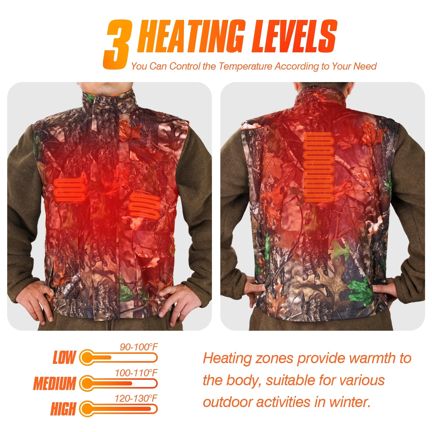 Hunting Heated Vest, Camo Orange Reversible Vest, Game Vest Jacket for Hunting, Lightweight Heating Vest (XL)