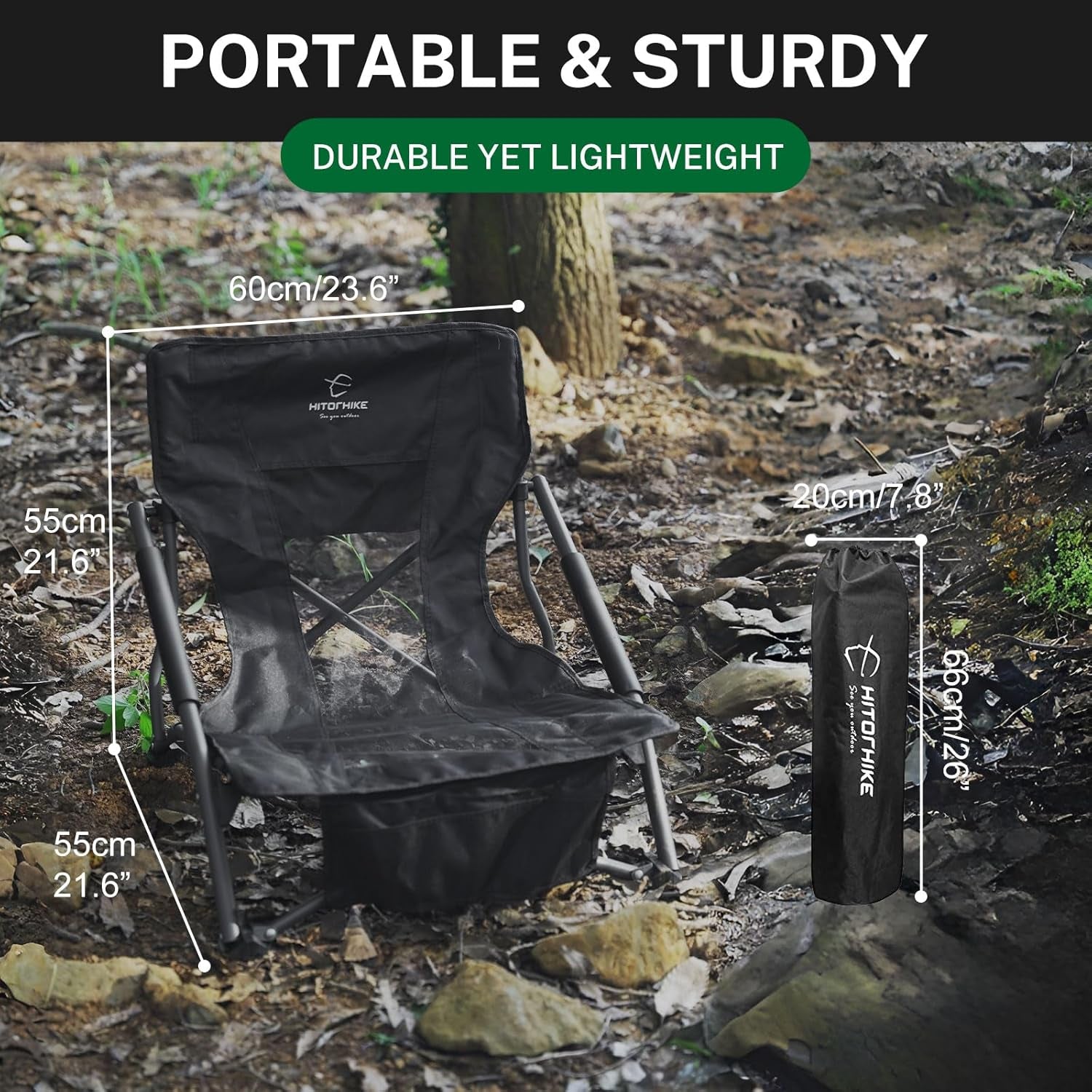 Low Sling Beach Camping Concert Folding Chair with Armrests and Breathable Nylon Mesh Back Compact and Sturdy Chair