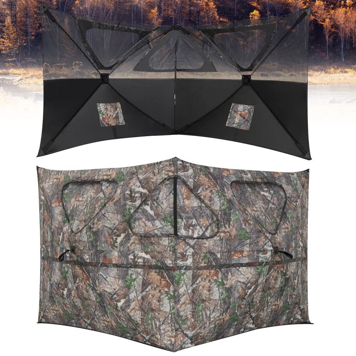 Costway Turkey Hunting Ground Blind 2-Panel Pop up Fence with 3 Shoot through Ports