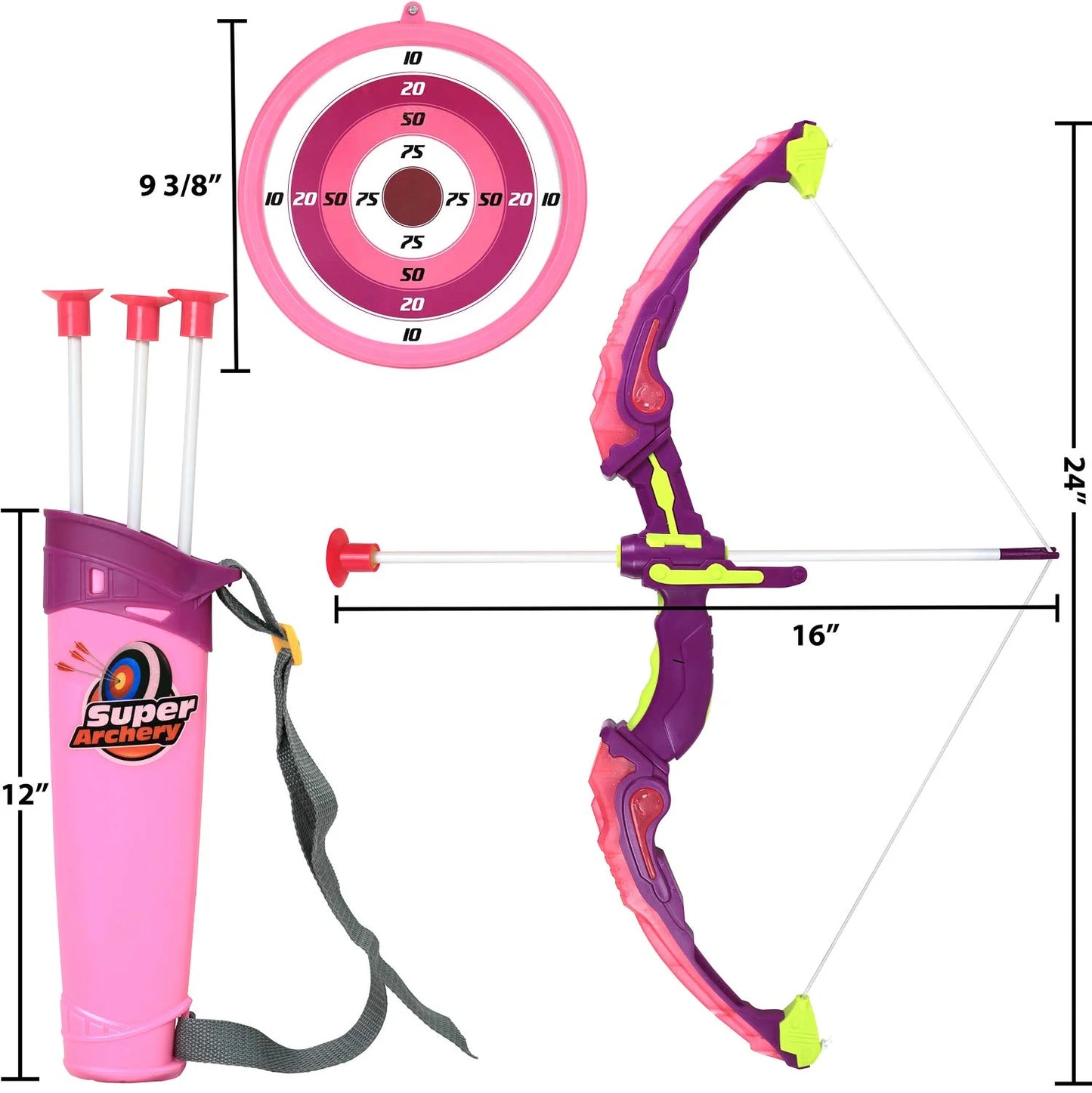 Pink Bow and Arrow Light up Archery Set | Sport Set for Girls Outdoor Hunting Play | Pink Bow, 3 Suction Cup Arrows, Target, and Quiver
