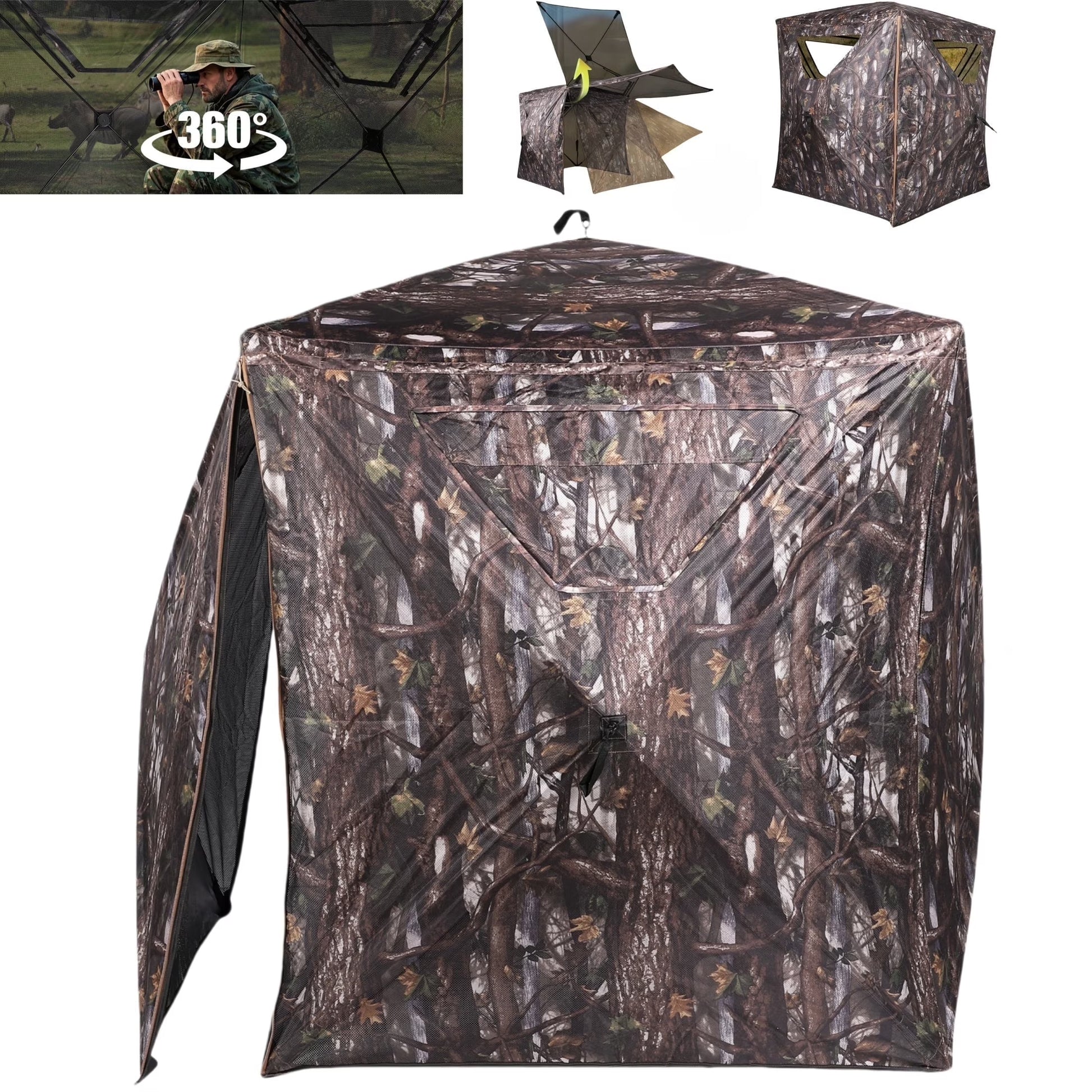 360° See through Ground Hunting Blind for 2 Persons,300D Pop up Resilient Portable Tent with Up-Downside Door and Carrying Bag for Deer Turkey