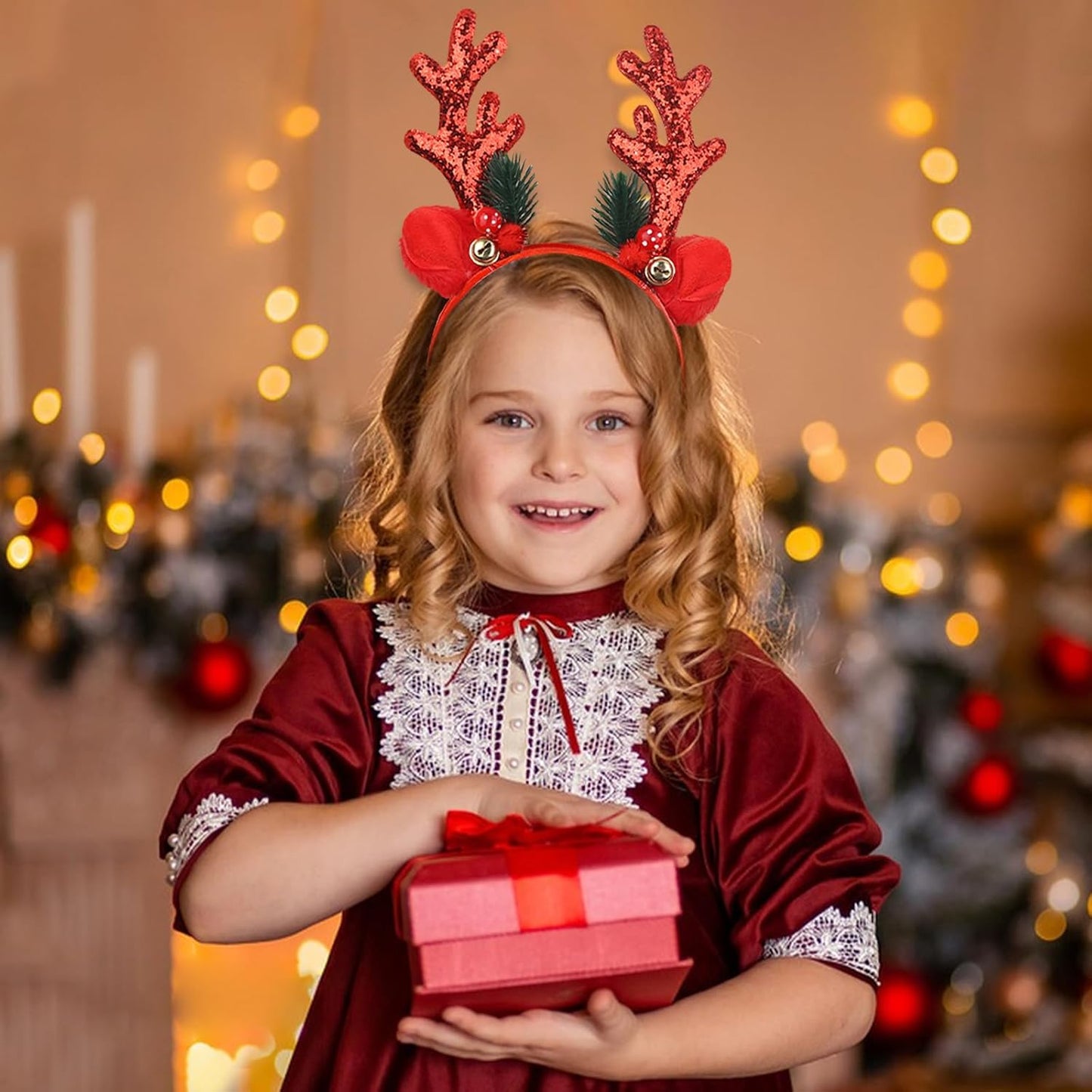 Christmas Antler Headband Glitter Reindeer Hair Bands Deer Ears Cute Christmas Hair Accessories for Women Girls Xmas Festival Holiday Party Supplies (Red)