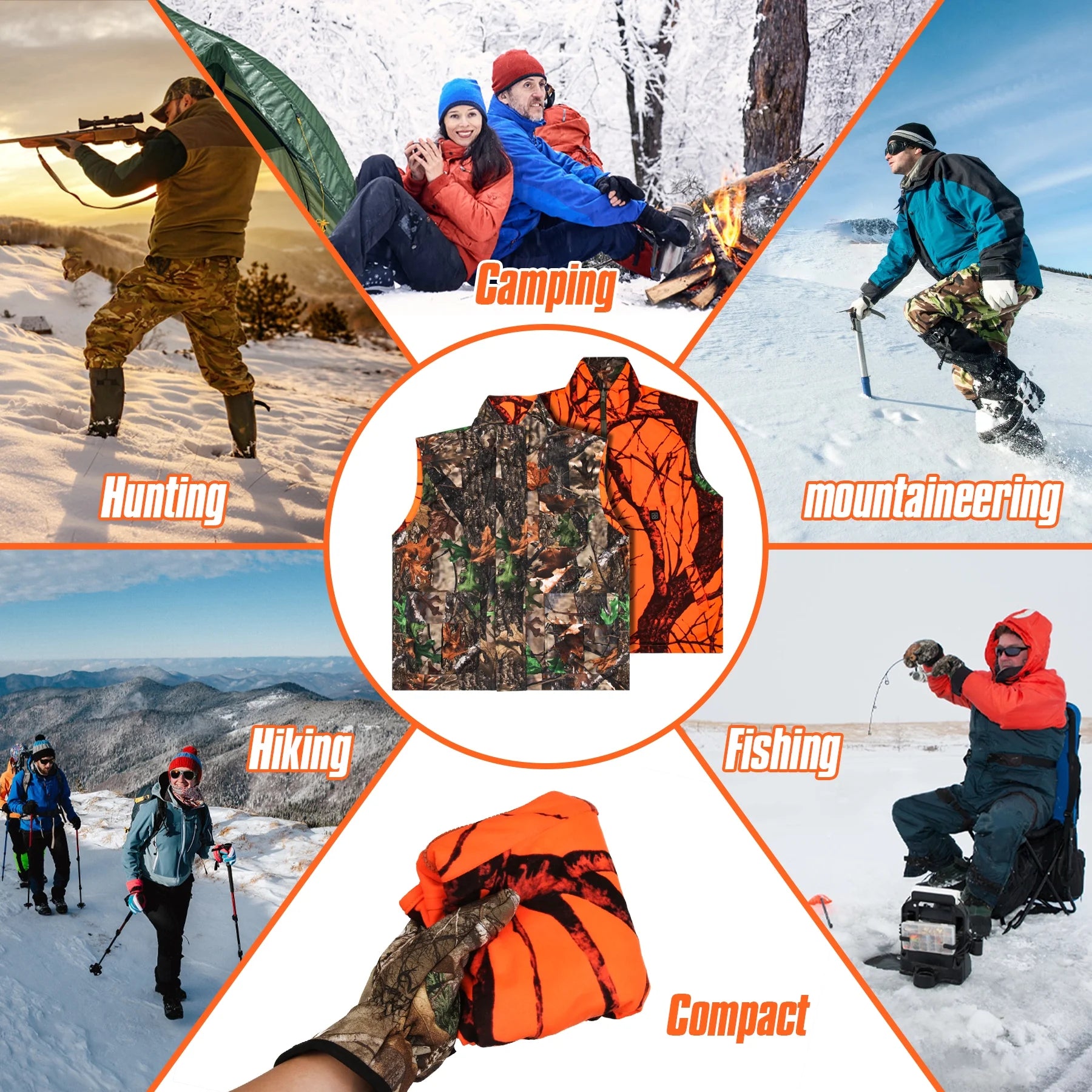 Hunting Heated Vest, Camo Orange Reversible Vest, Game Vest Jacket for Hunting, Lightweight Heating Vest (XL)