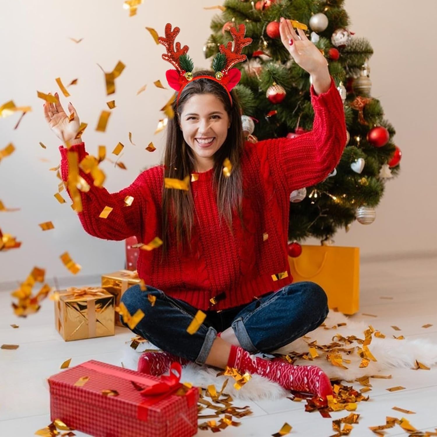 Christmas Antler Headband Glitter Reindeer Hair Bands Deer Ears Cute Christmas Hair Accessories for Women Girls Xmas Festival Holiday Party Supplies (Red)