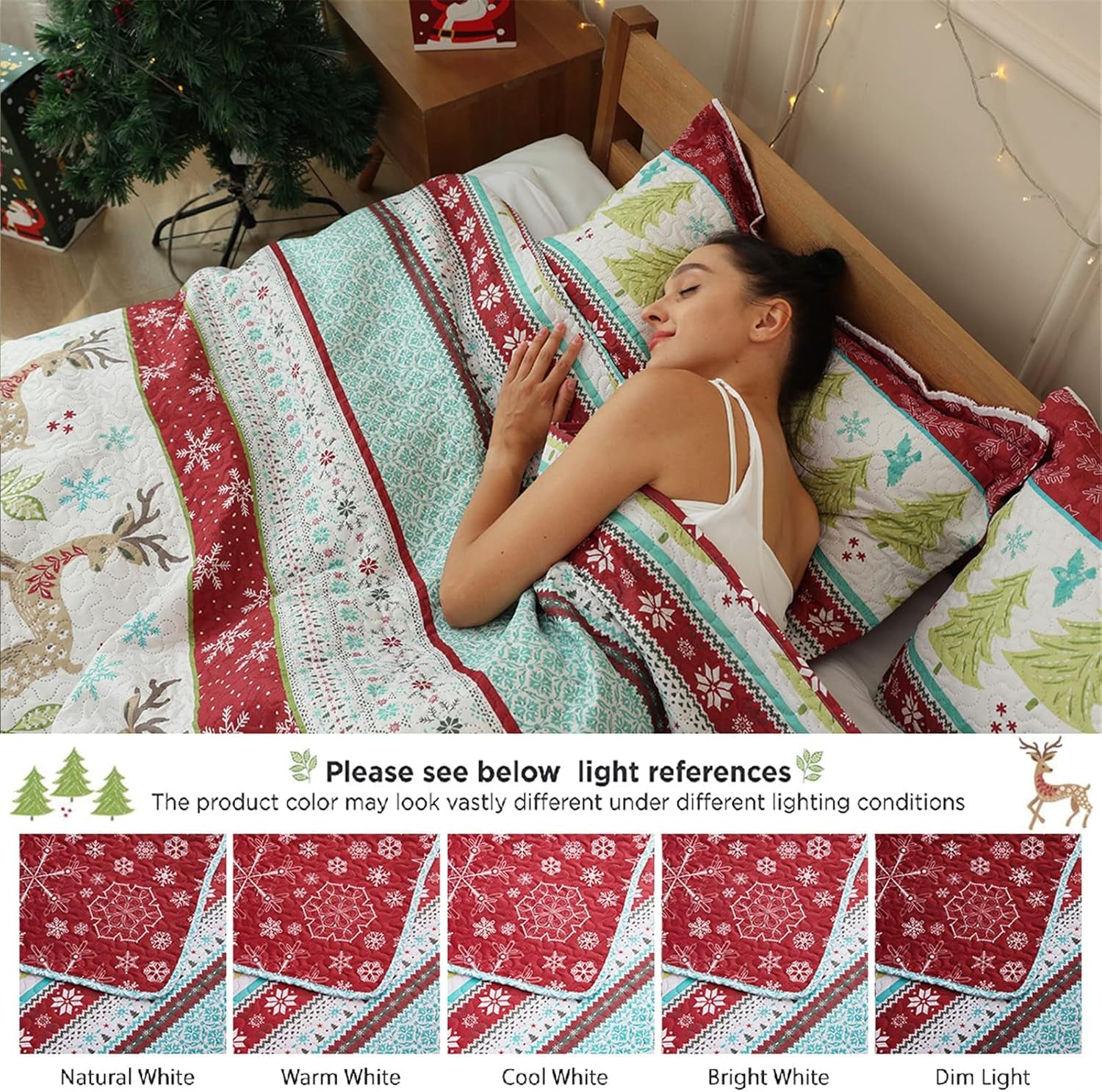 Reversible Xmas Quilts Full/Queen Size Christmas Bedding Bedspread Lodge Cabin Moose Coverlet Lightweight Rustic Reindeer Elk Snowflake Bed Set Red Blue Green Stripe Quilt Set