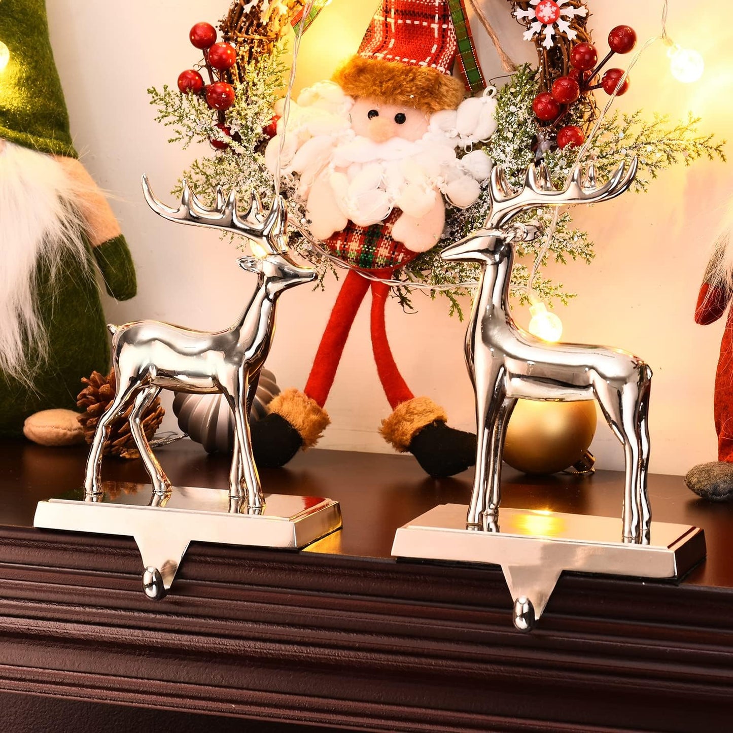 Christmas Reindeer Stocking Hanger for Mantel, Metal Silver Reindeer Stocking Holder for Fireplace and Christmas Party Decoration Deer Xmas Mantel Hooks (Set of 2)