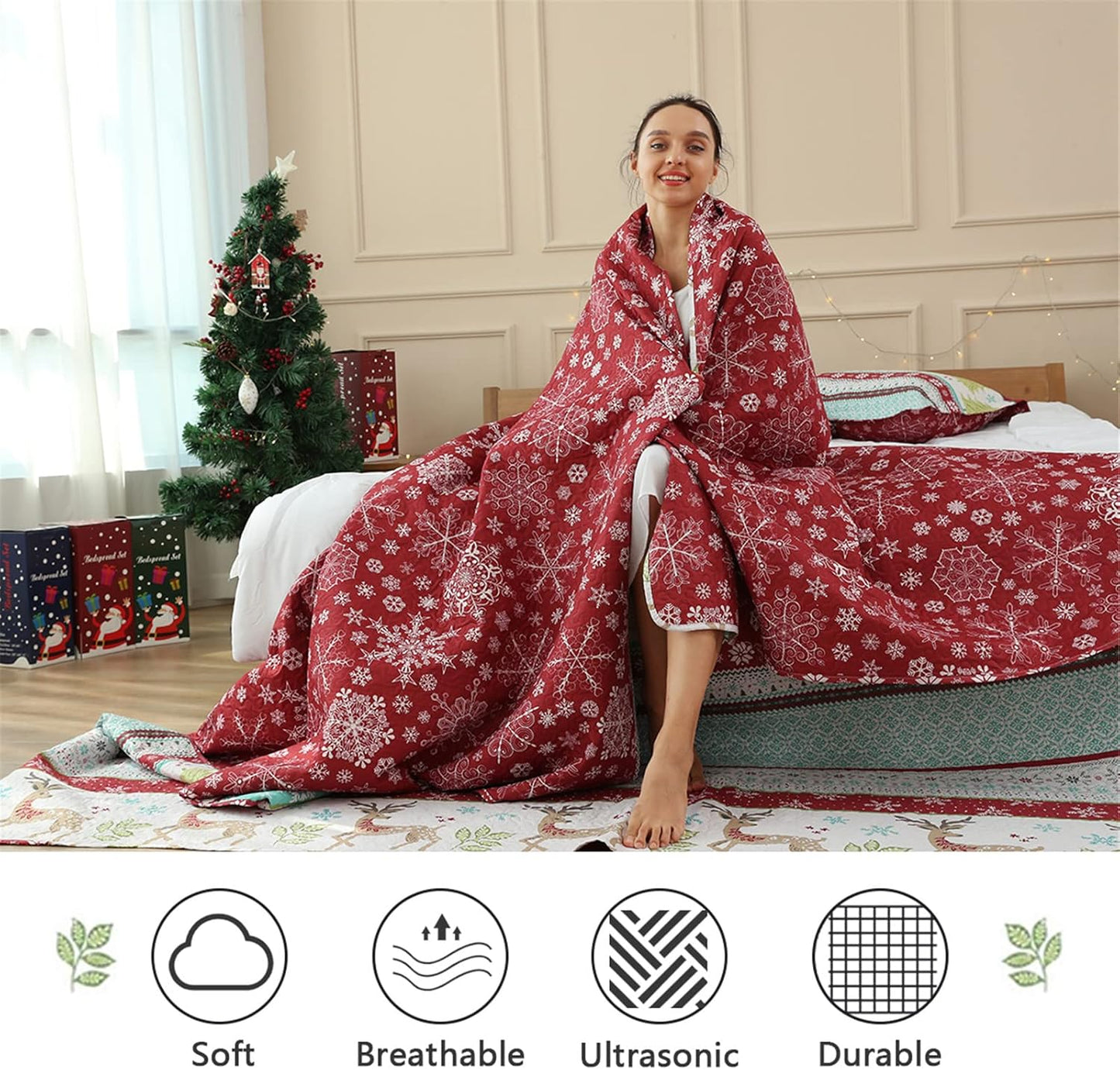 Reversible Xmas Quilts Full/Queen Size Christmas Bedding Bedspread Lodge Cabin Moose Coverlet Lightweight Rustic Reindeer Elk Snowflake Bed Set Red Blue Green Stripe Quilt Set