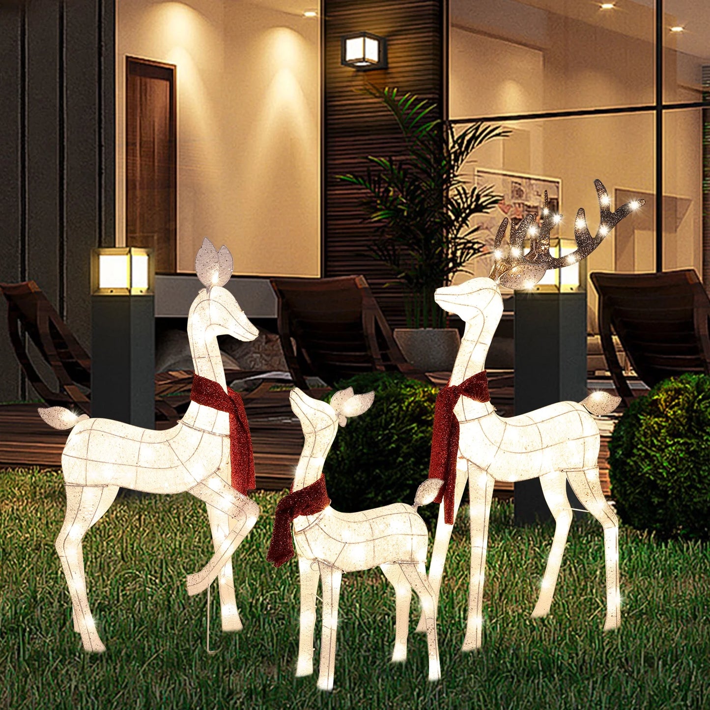 3-Piece Lighted Christmas Reindeer Family Set, Xmas Lighted Deer Decorations with 210 Warm White LED Lights & Stakes, Holiday Christmas Decor for Yards Garden Lawn Patio