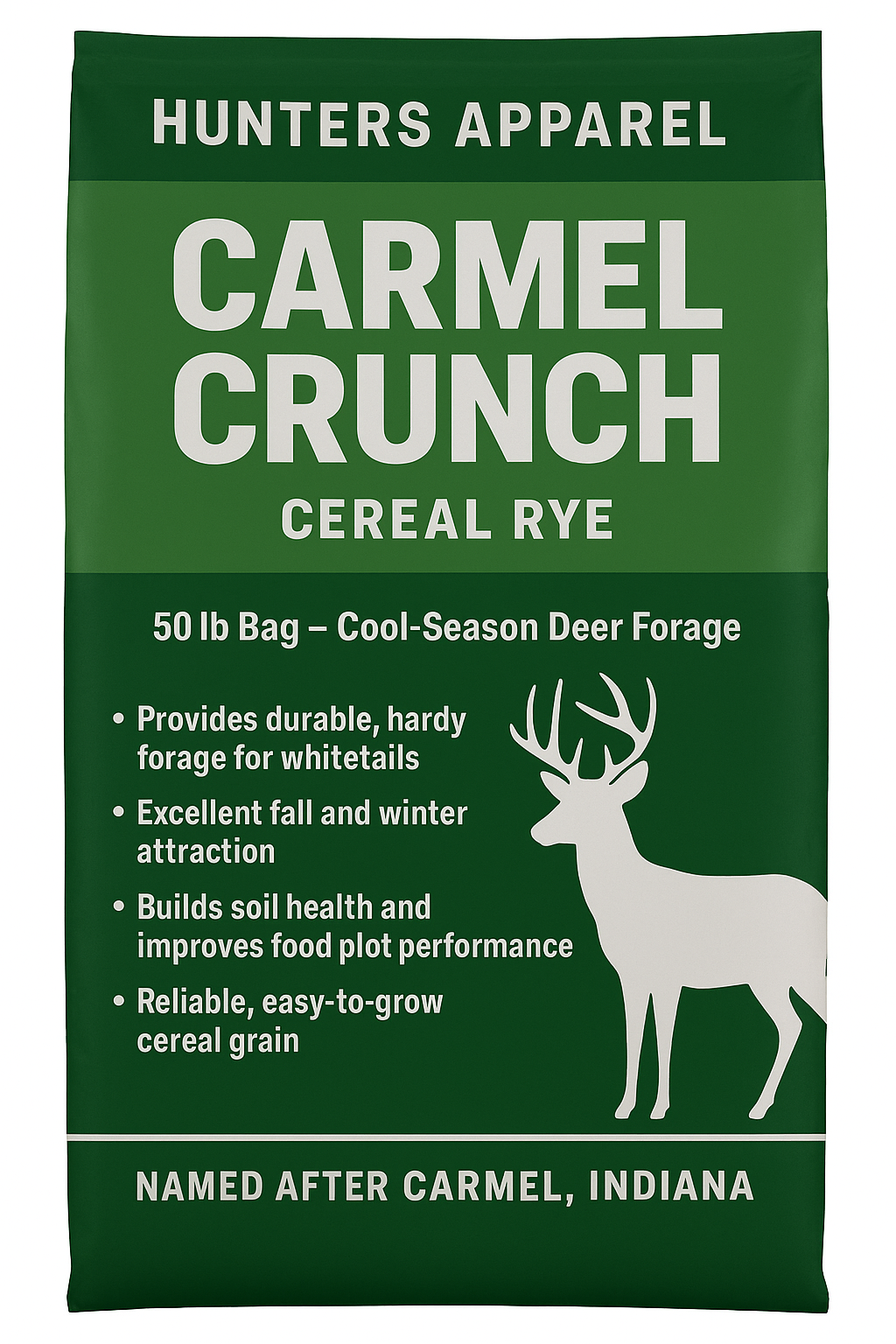 Hunters Apparel Carmel Crunch Cereal Rye packaging with a deer illustration on a green background