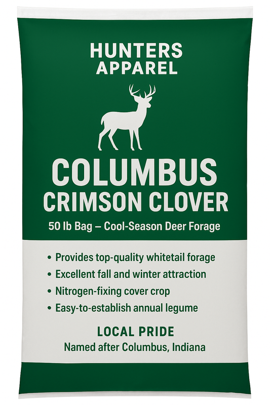 Columbus Crimson Clover bag for deer forage with green and white design.