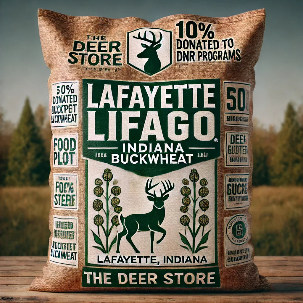 A bag of Lafayette Lifago Buckwheat seeds, with a graphic of a deer and the text 'Lafayette, Indiana Buckwheat' displayed prominently on the front. The bag is labeled as part of 'The Deer Store' series and indicates that 10% of sales go to DNR programs supporting deer hunting.