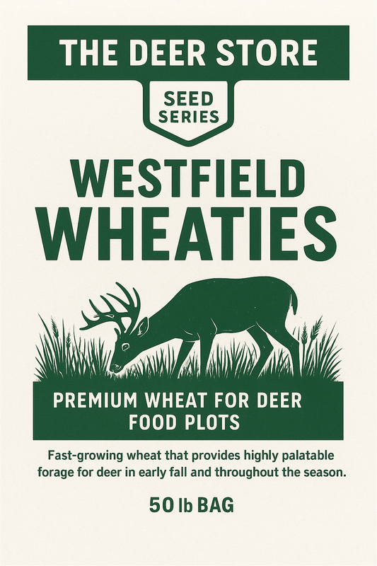 Advertisement for Westfield Wheaties -winter wheat deer food plot seed from The Deer Store in Indiana.