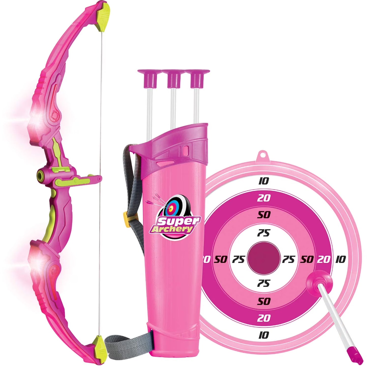 Pink Bow and Arrow Light up Archery Set | Sport Set for Girls Outdoor Hunting Play | Pink Bow, 3 Suction Cup Arrows, Target, and Quiver