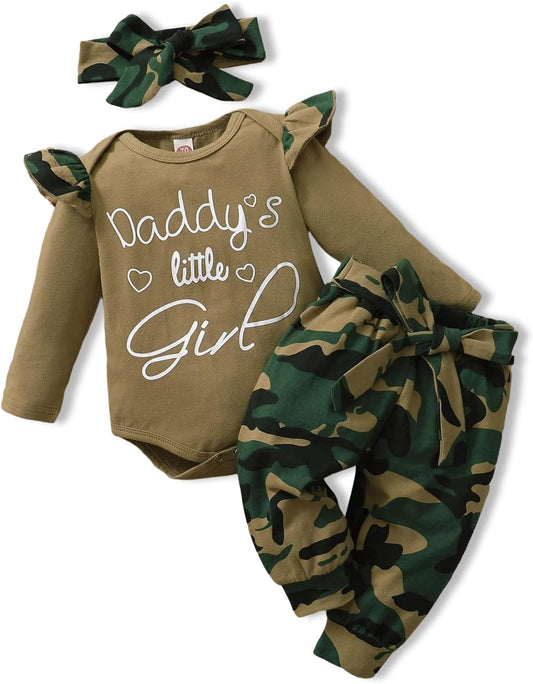 Baby Girl Clothes Set Daddys Little Girl Ruffle Romper Top Camouflage Pants Newborn Infant Baby Girl Outfit