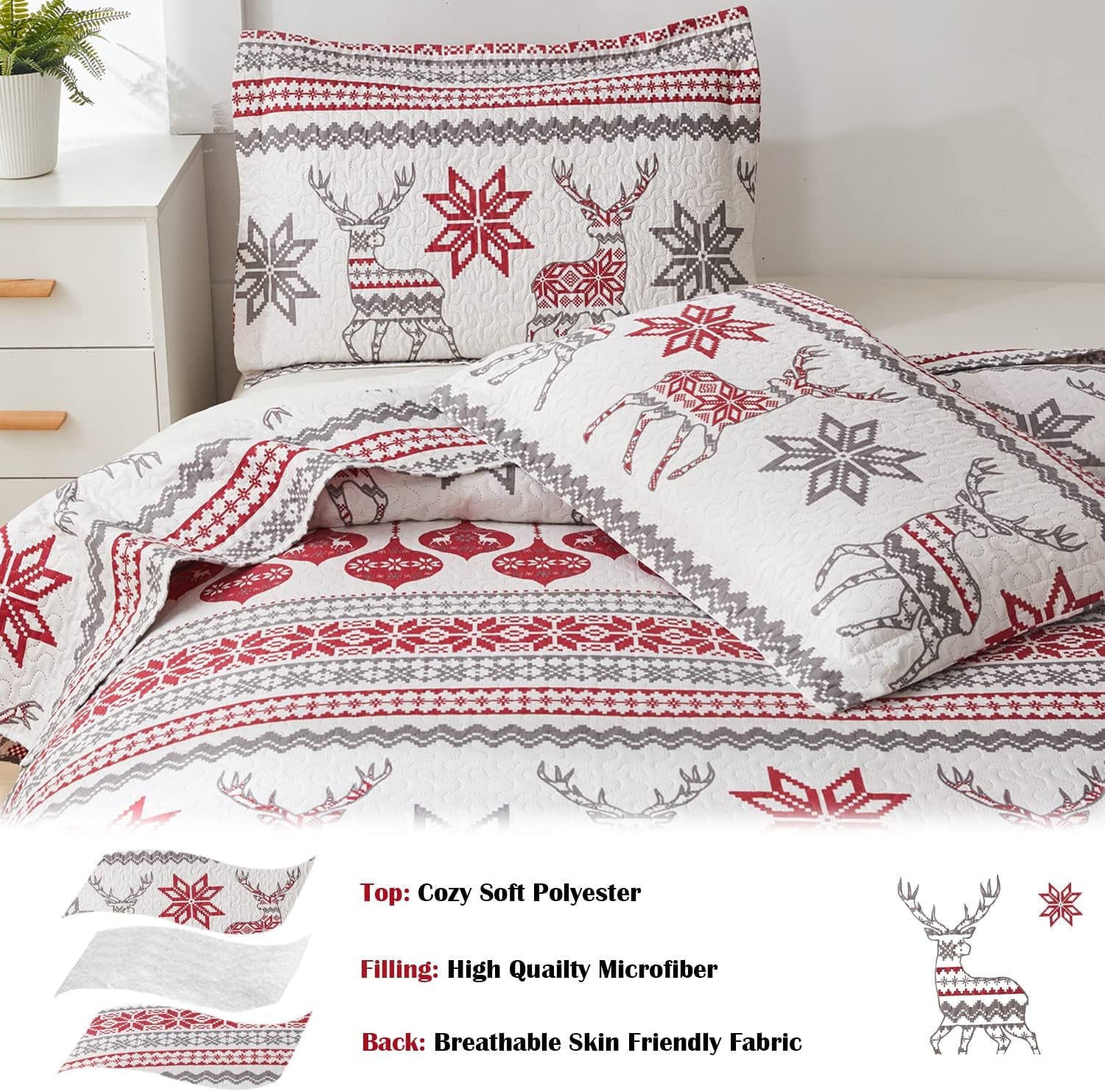 Christmas Quilt Set Queen Size 3-Piece Xmas Bedspread Coverlet with Reindeer Pattern for New Year Bed Decor, Lightweight Soft Comforter Bedding Cover for All Season(1 Quilt + 2 Pillow Shams)