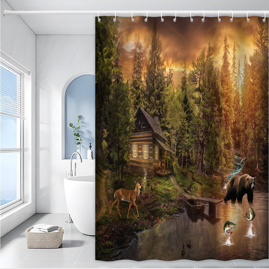 Rustic Bear Shower Curtain Cabin Lodge Deer Lake Forest Hunting Fishing Decor