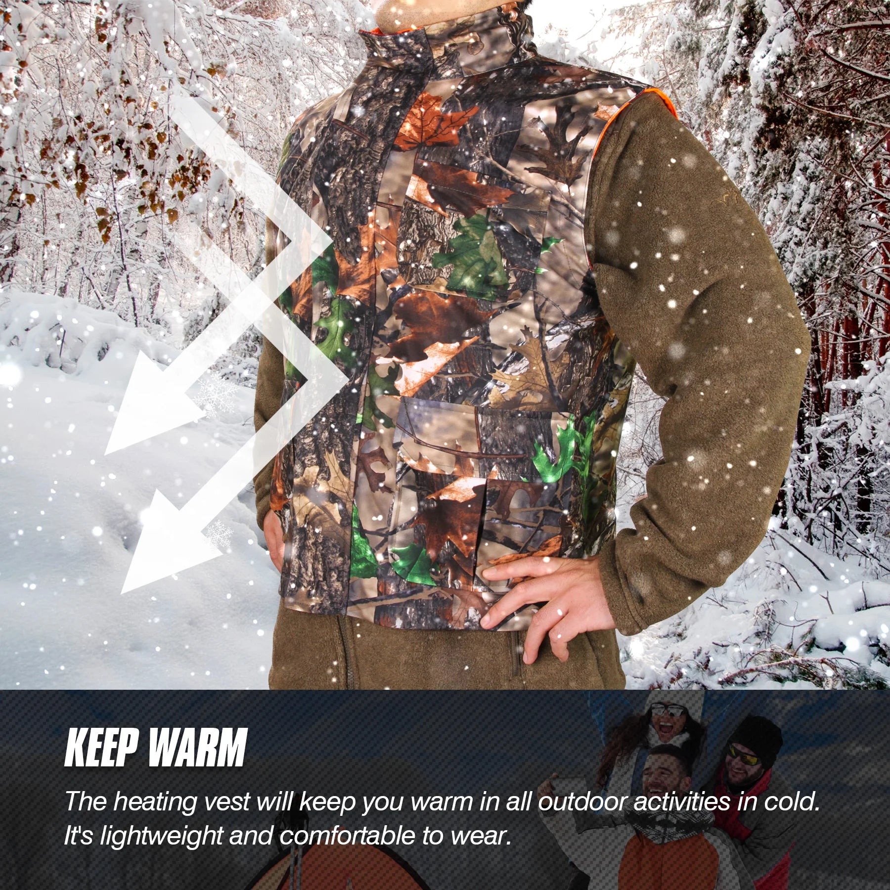 Hunting Heated Vest, Camo Orange Reversible Vest, Game Vest Jacket for Hunting, Lightweight Heating Vest (XL)