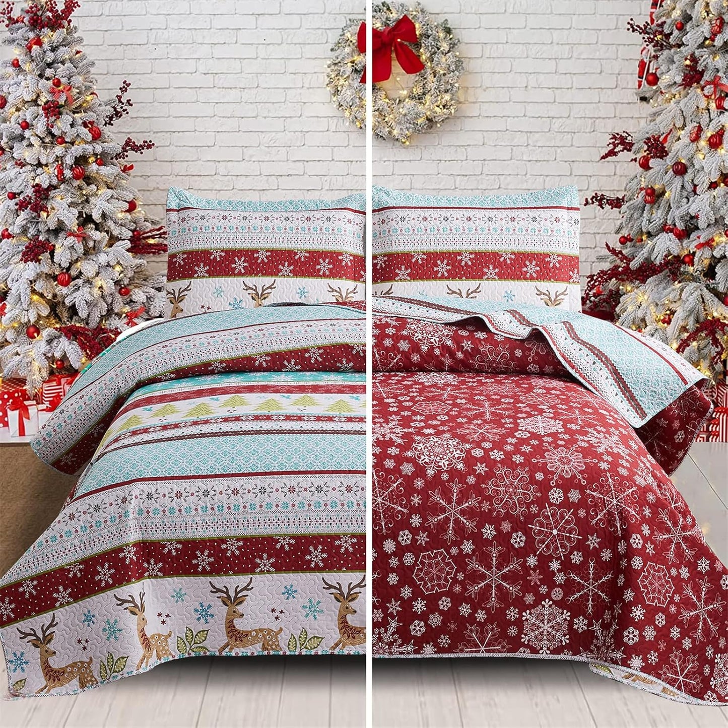 Reversible Xmas Quilts Full/Queen Size Christmas Bedding Bedspread Lodge Cabin Moose Coverlet Lightweight Rustic Reindeer Elk Snowflake Bed Set Red Blue Green Stripe Quilt Set