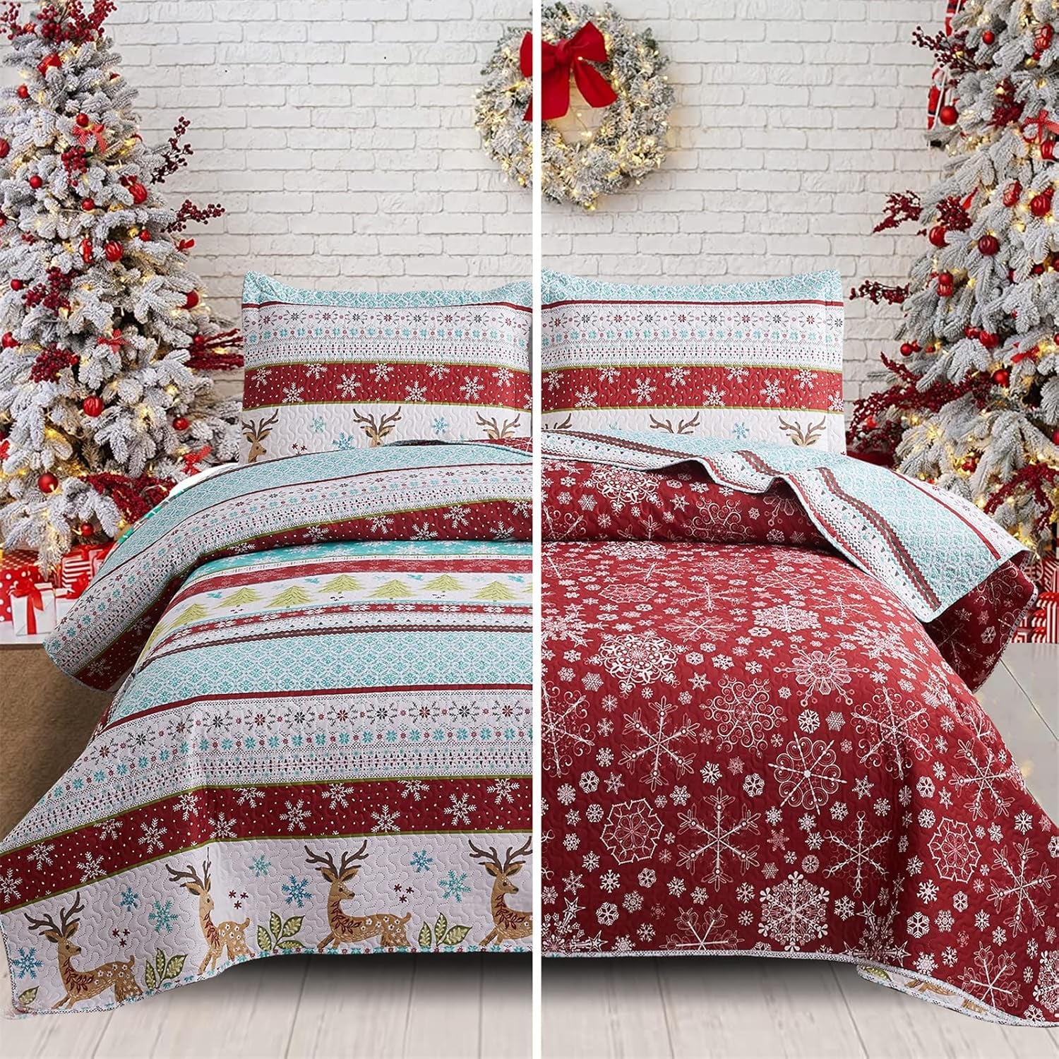 Reversible Xmas Quilts Full/Queen Size Christmas Bedding Bedspread Lodge Cabin Moose Coverlet Lightweight Rustic Reindeer Elk Snowflake Bed Set Red Blue Green Stripe Quilt Set