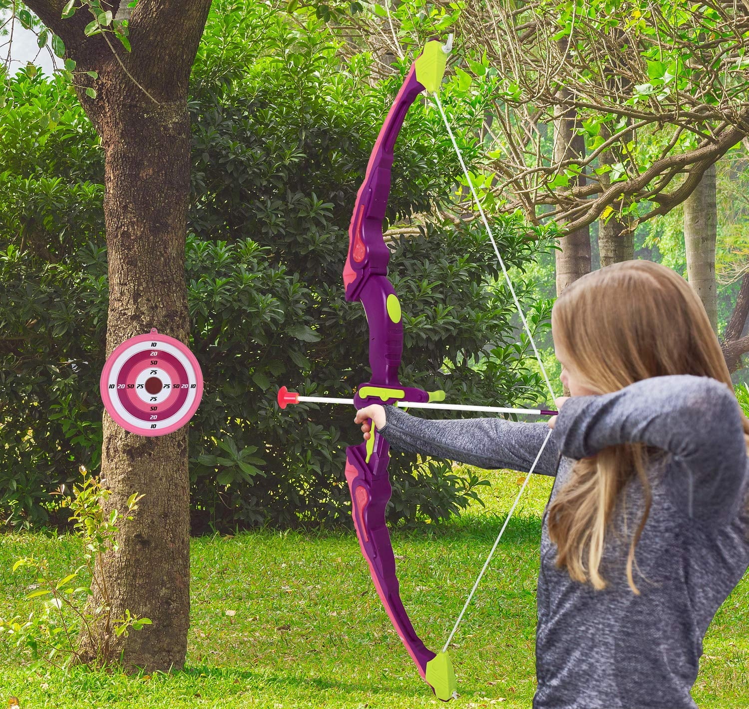 Pink Bow and Arrow Light up Archery Set | Sport Set for Girls Outdoor Hunting Play | Pink Bow, 3 Suction Cup Arrows, Target, and Quiver